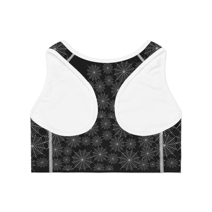 Spiderweb Sports Bra, Sports Bra (AOP), Halloween Sports Bra, Halloween Costume, Spooky Sports Bra